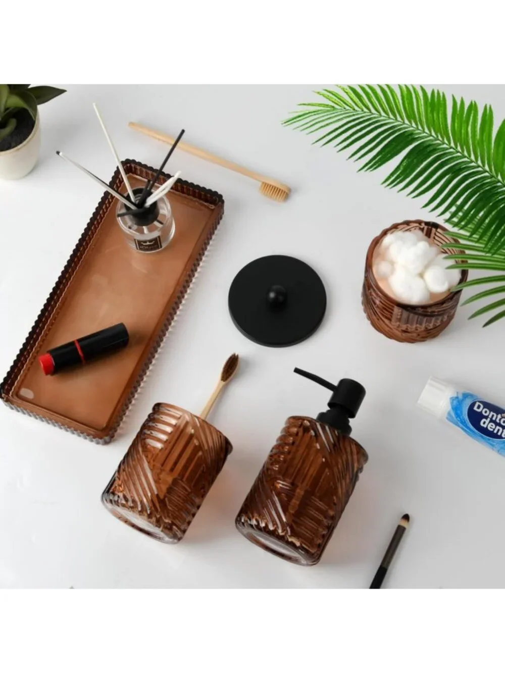 Stylish Amber Glass Bathroom Accessories Set - 4 Pcs Lotion Dispenser